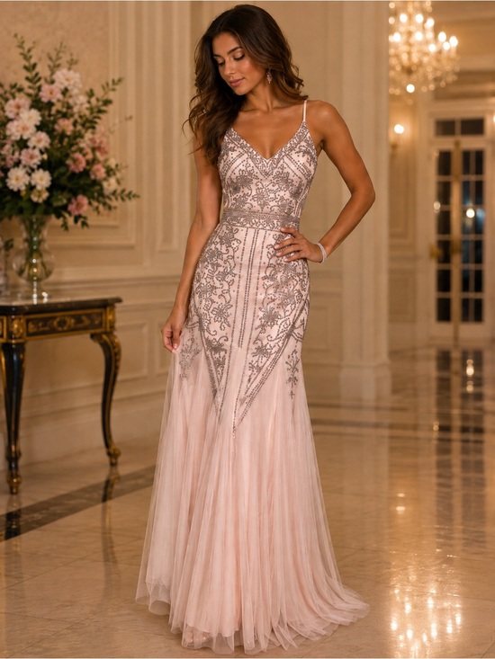 Xscape Dresses & Skirts - Xscape Blush Pink Beaded Mermaid Gown Formal Prom Evening Dress Size 8